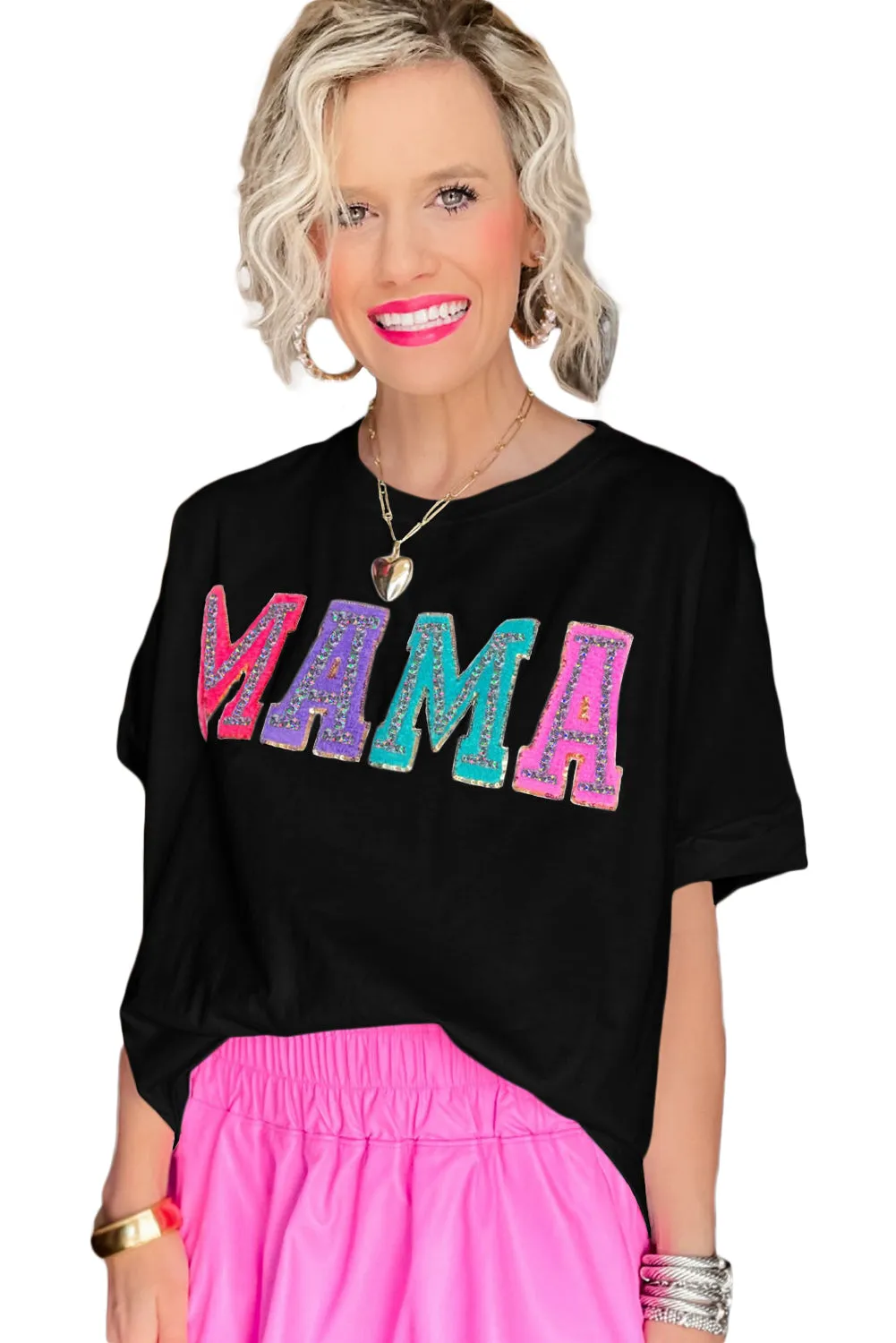 Women Casual MAMA Chenille Patched Crew Neck T Shirt