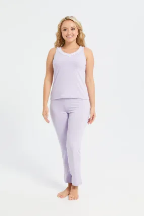 Women Lilac Embellished Long Cami Set (2 Piece)