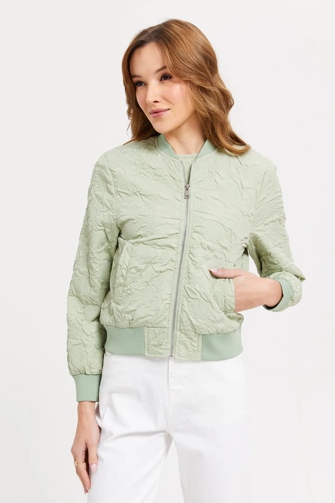 Women Mint Textured Bomber Jacket