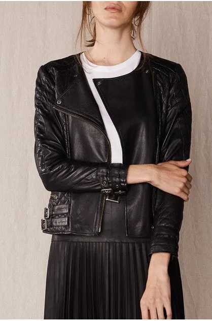 Women’s Black Leather Biker Jacket Crew Neck