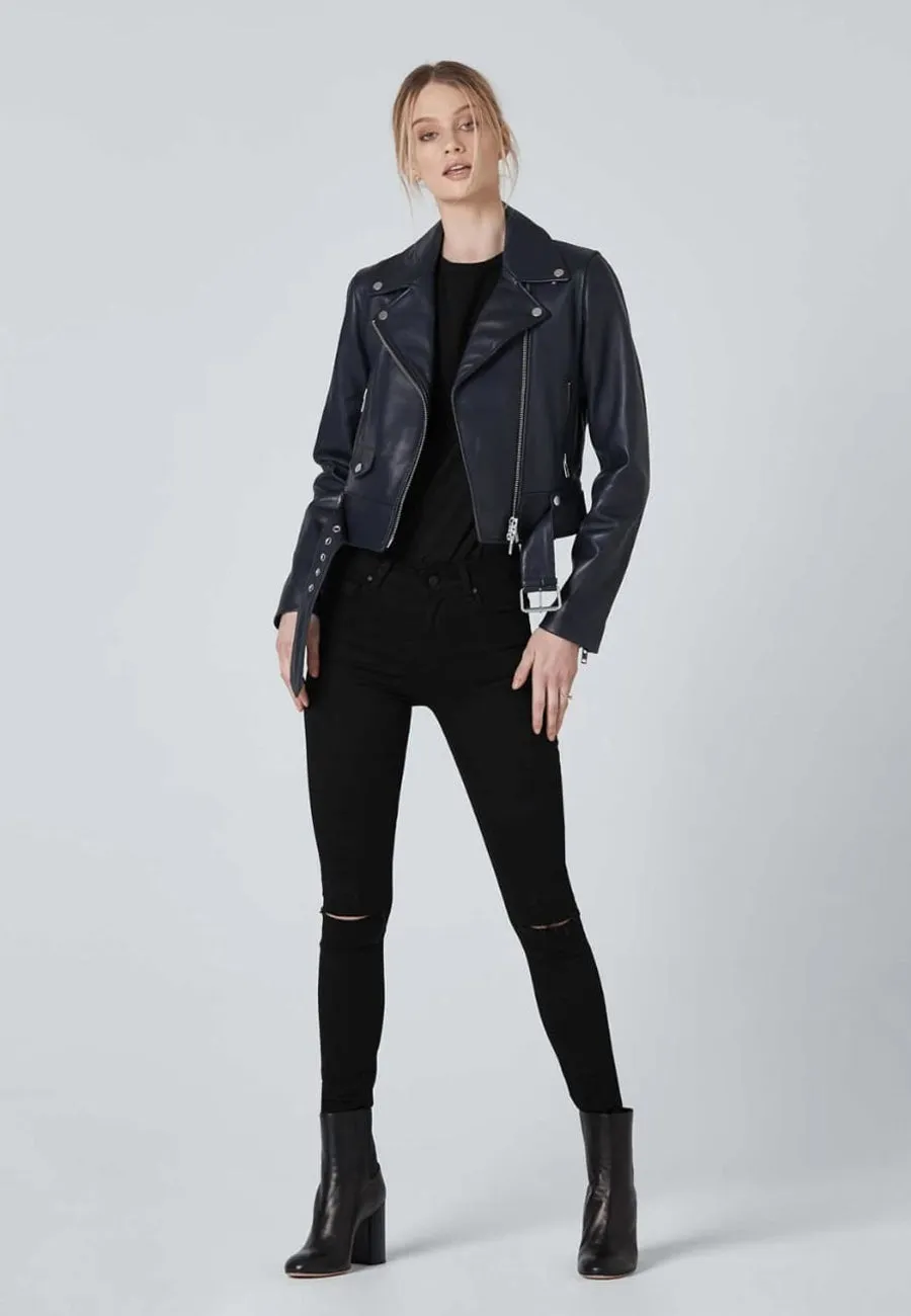 Women's Blue Leather Biker Jacket