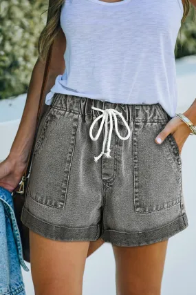 Women's Casual Denim Shorts Pocketed Drawstring High Waisted Denim Jeans