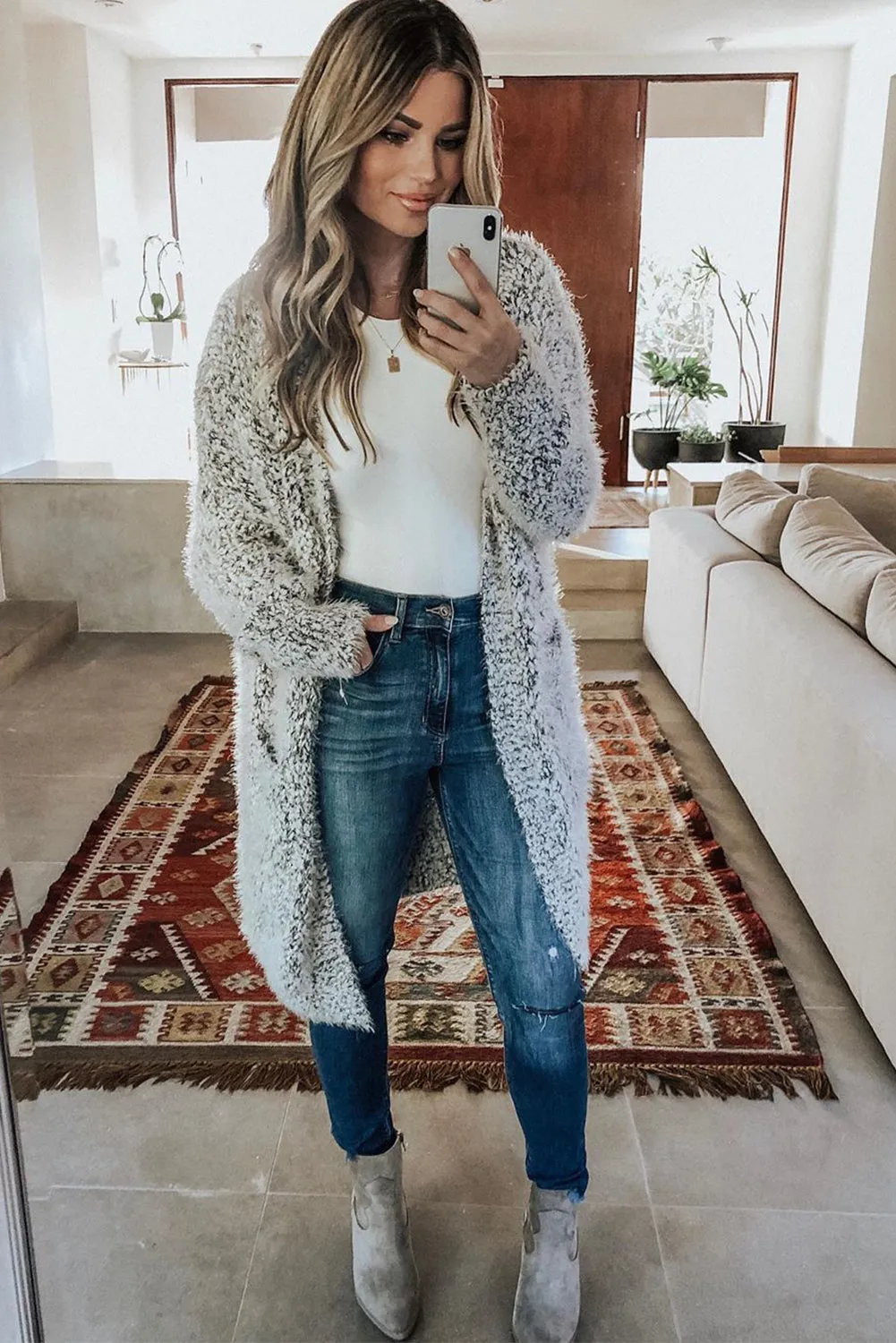 Women's Fuzzy Knit Cardigan Long Sleeve Plain Cardigan Pockets