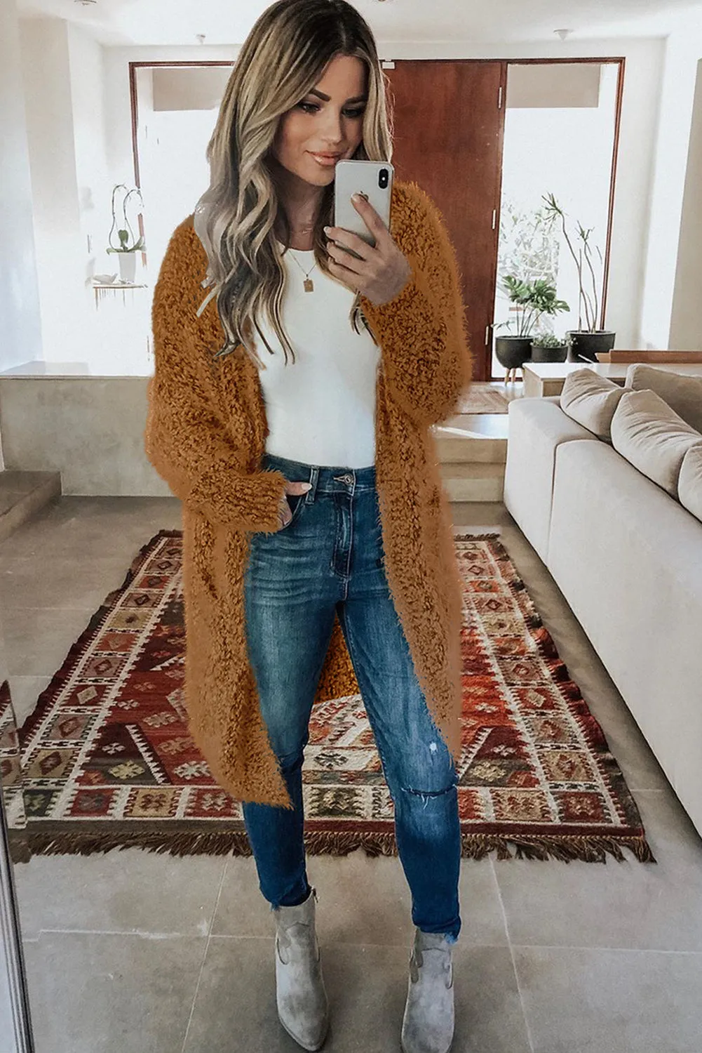 Women's Fuzzy Knit Cardigan Long Sleeve Plain Cardigan Pockets