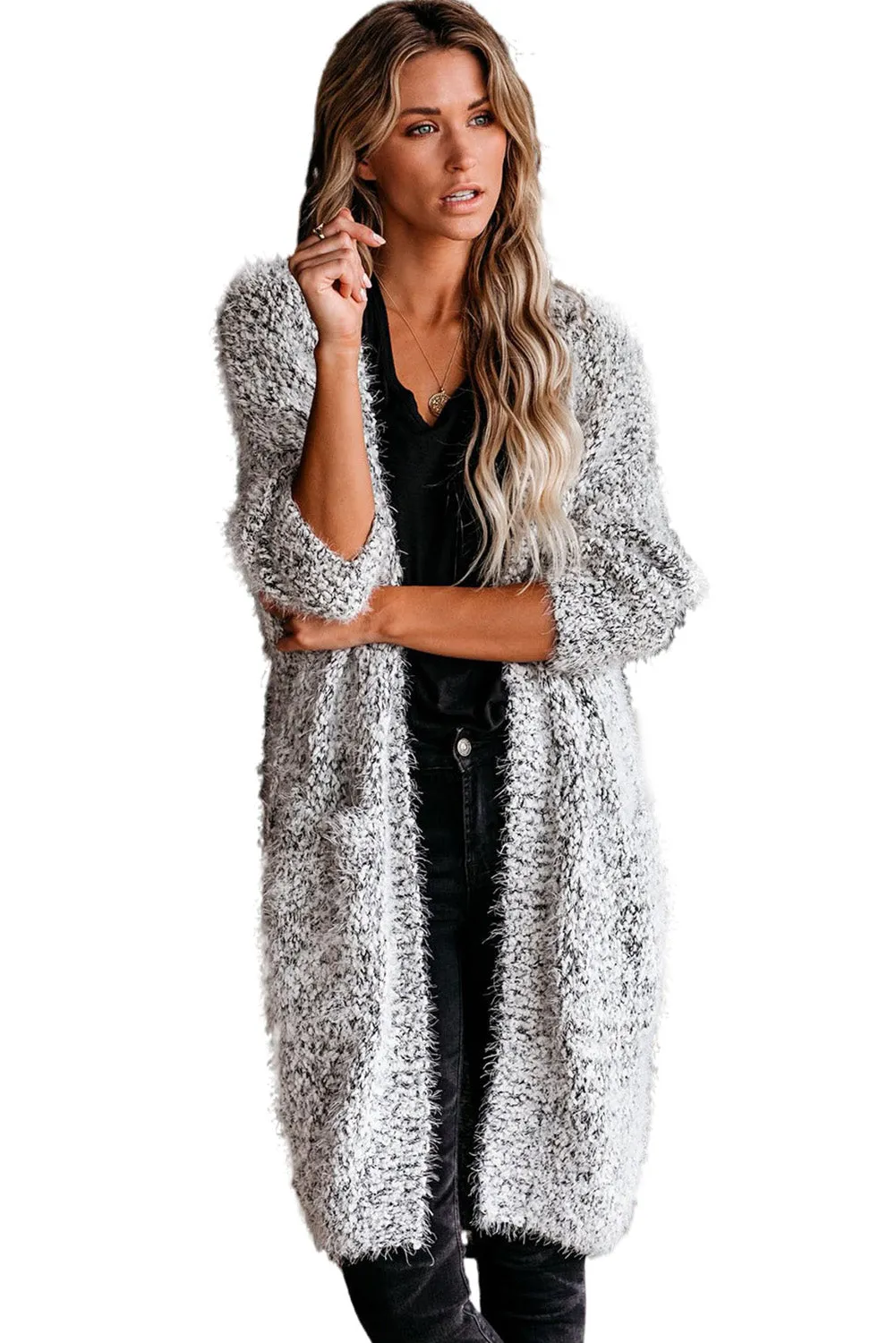 Women's Fuzzy Knit Cardigan Long Sleeve Plain Cardigan Pockets