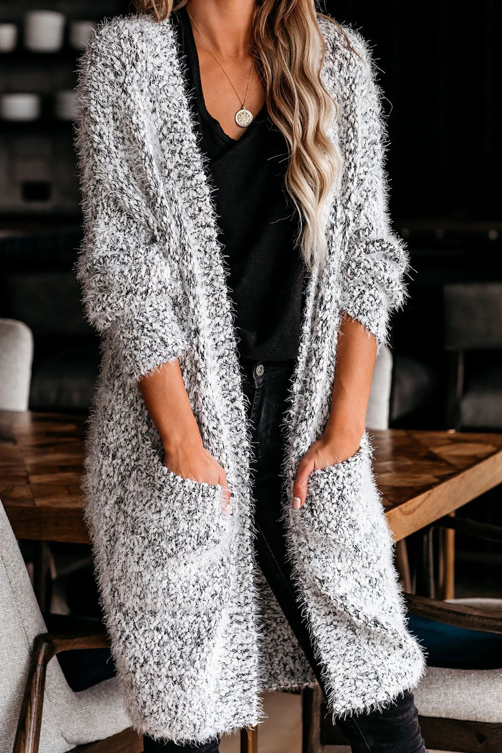 Women's Fuzzy Knit Cardigan Long Sleeve Plain Cardigan Pockets