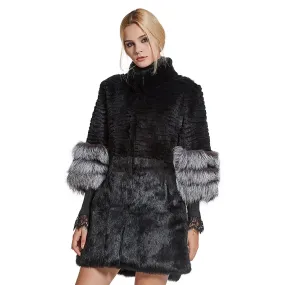 Women's Genuine Rabbit Fur Coat with Fox Fur Cuffs Warm Winter Coat Fur Story FS17160