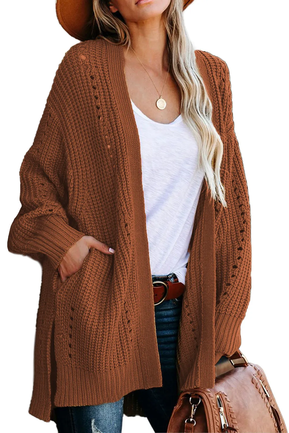 Women's Long Sleeve Sweater Cable Knit Oversized Cardigan with Slits