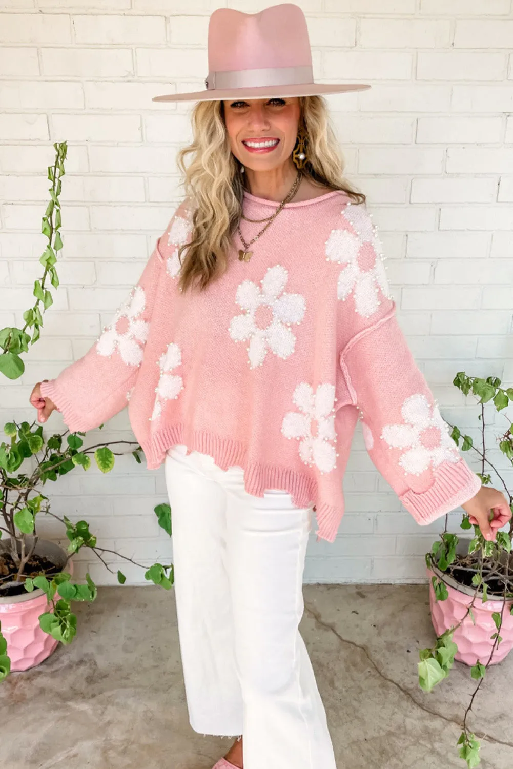 Women's Pearl Beaded Floral Drop Shoulder Sweater