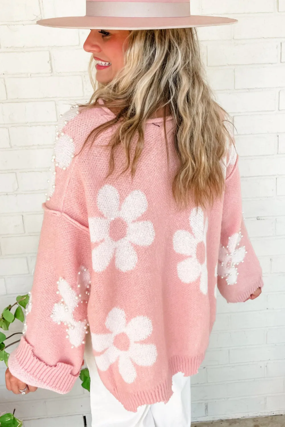 Women's Pearl Beaded Floral Drop Shoulder Sweater