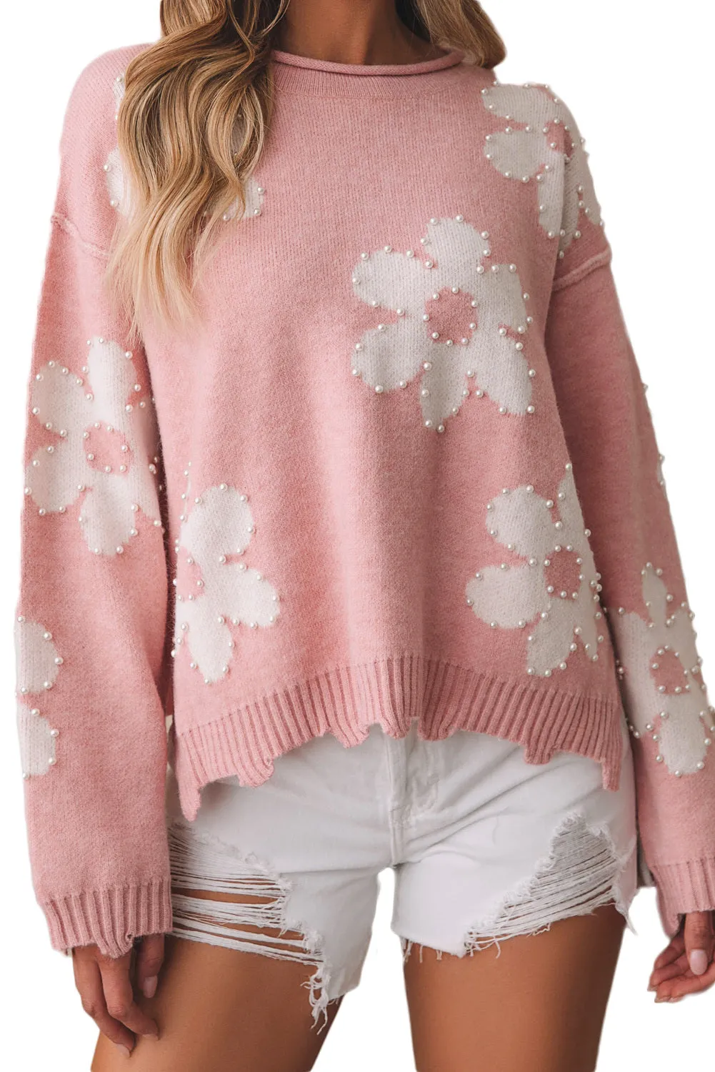 Women's Pearl Beaded Floral Drop Shoulder Sweater