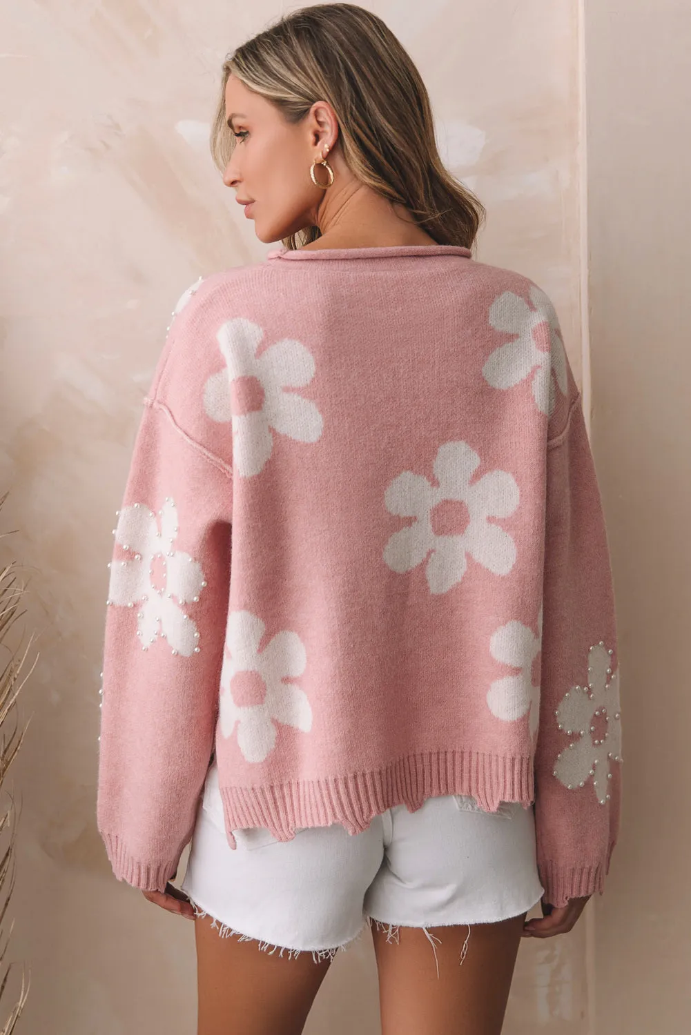 Women's Pearl Beaded Floral Drop Shoulder Sweater