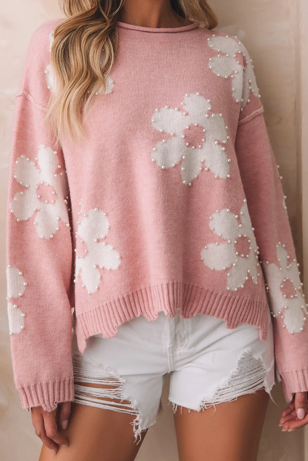 Women's Pearl Beaded Floral Drop Shoulder Sweater