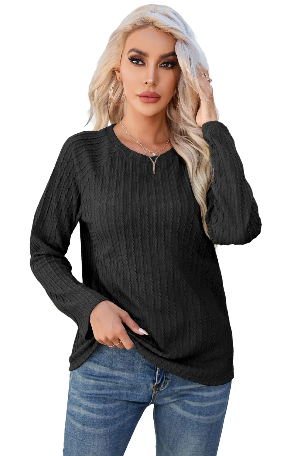 Women's Ribbed Round Neck Knit Long Sleeve Top