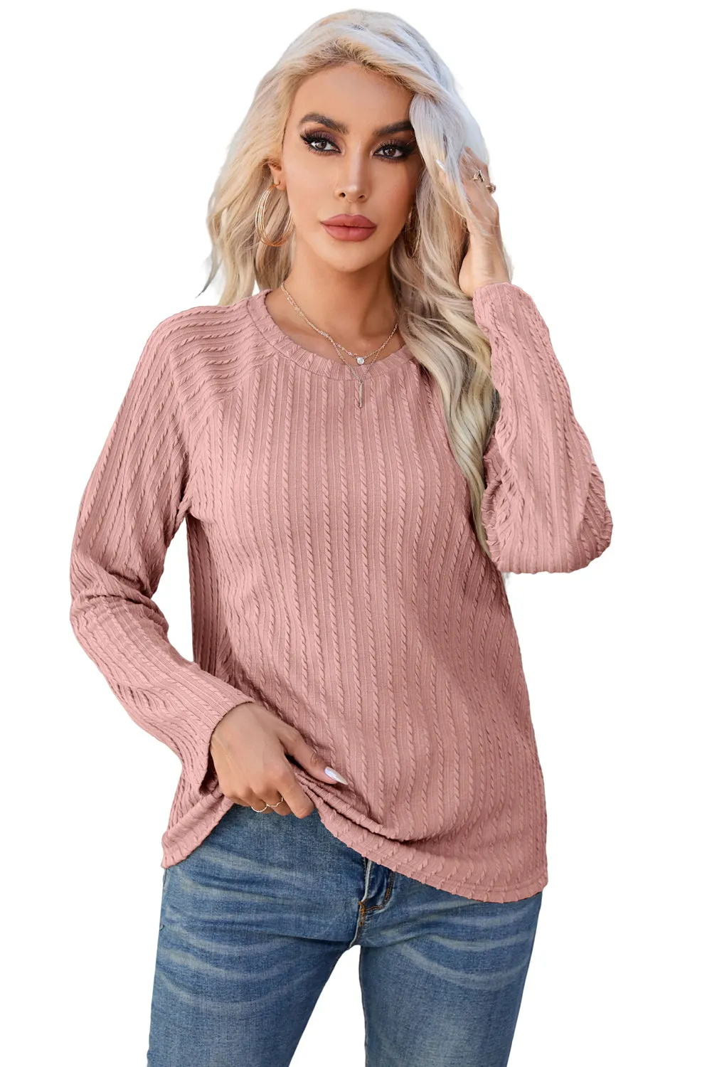 Women's Ribbed Round Neck Knit Long Sleeve Top