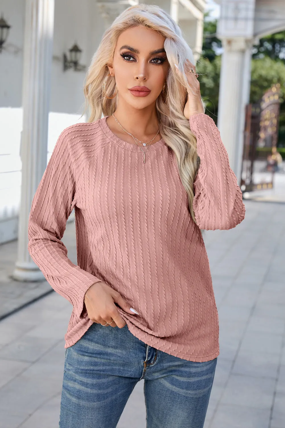 Women's Ribbed Round Neck Knit Long Sleeve Top