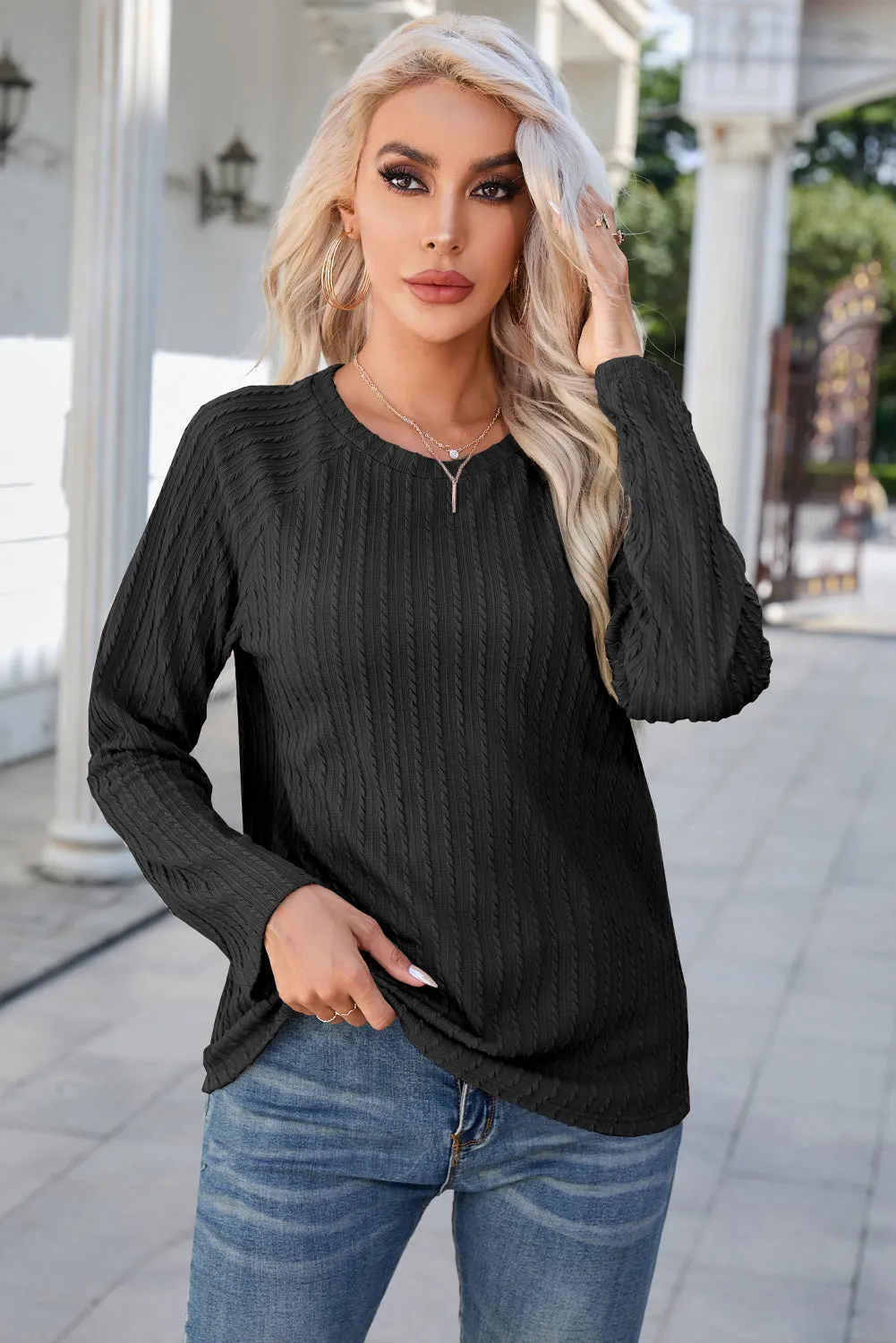 Women's Ribbed Round Neck Knit Long Sleeve Top