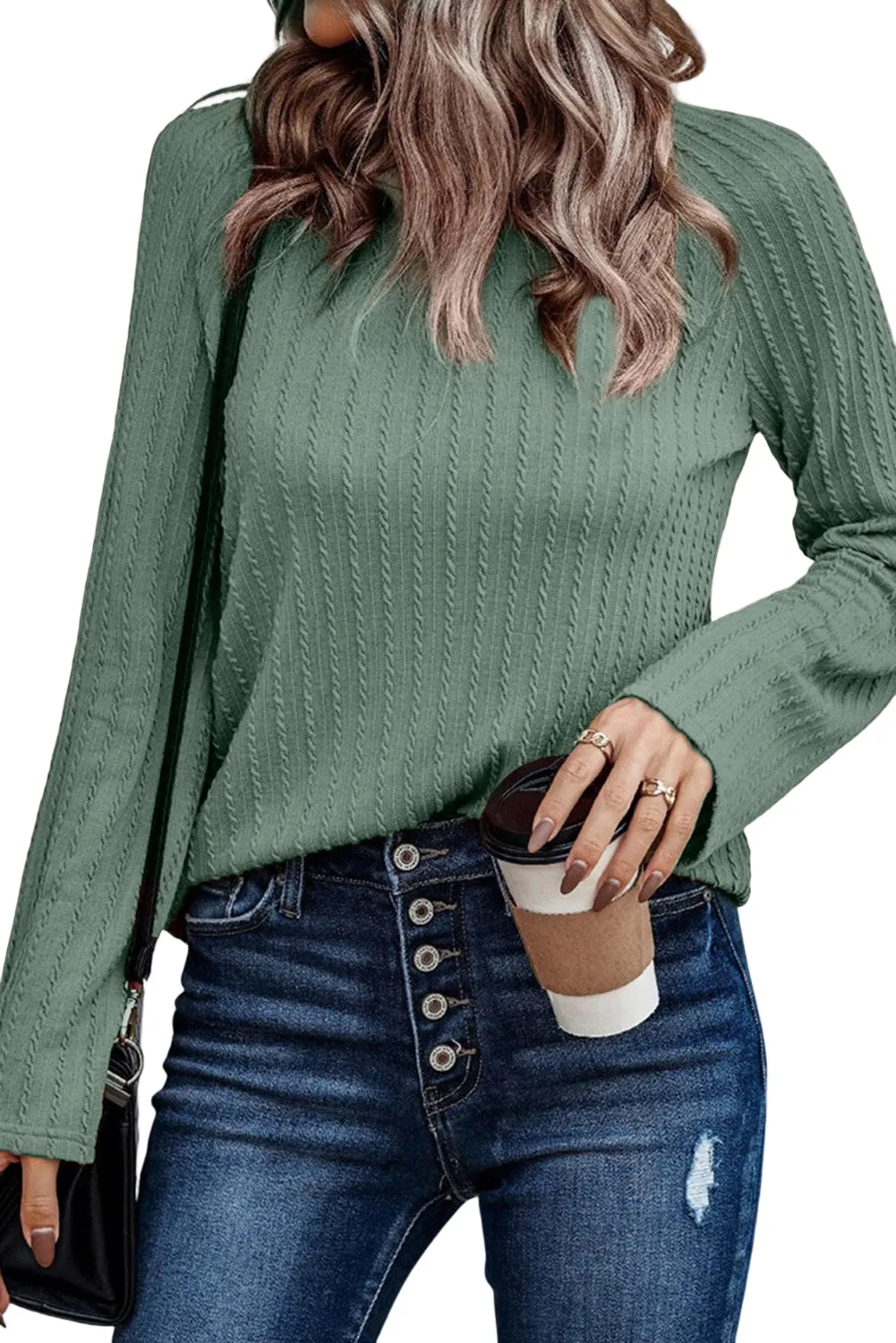 Women's Ribbed Round Neck Knit Long Sleeve Top