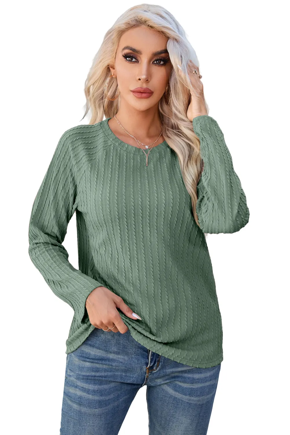 Women's Ribbed Round Neck Knit Long Sleeve Top