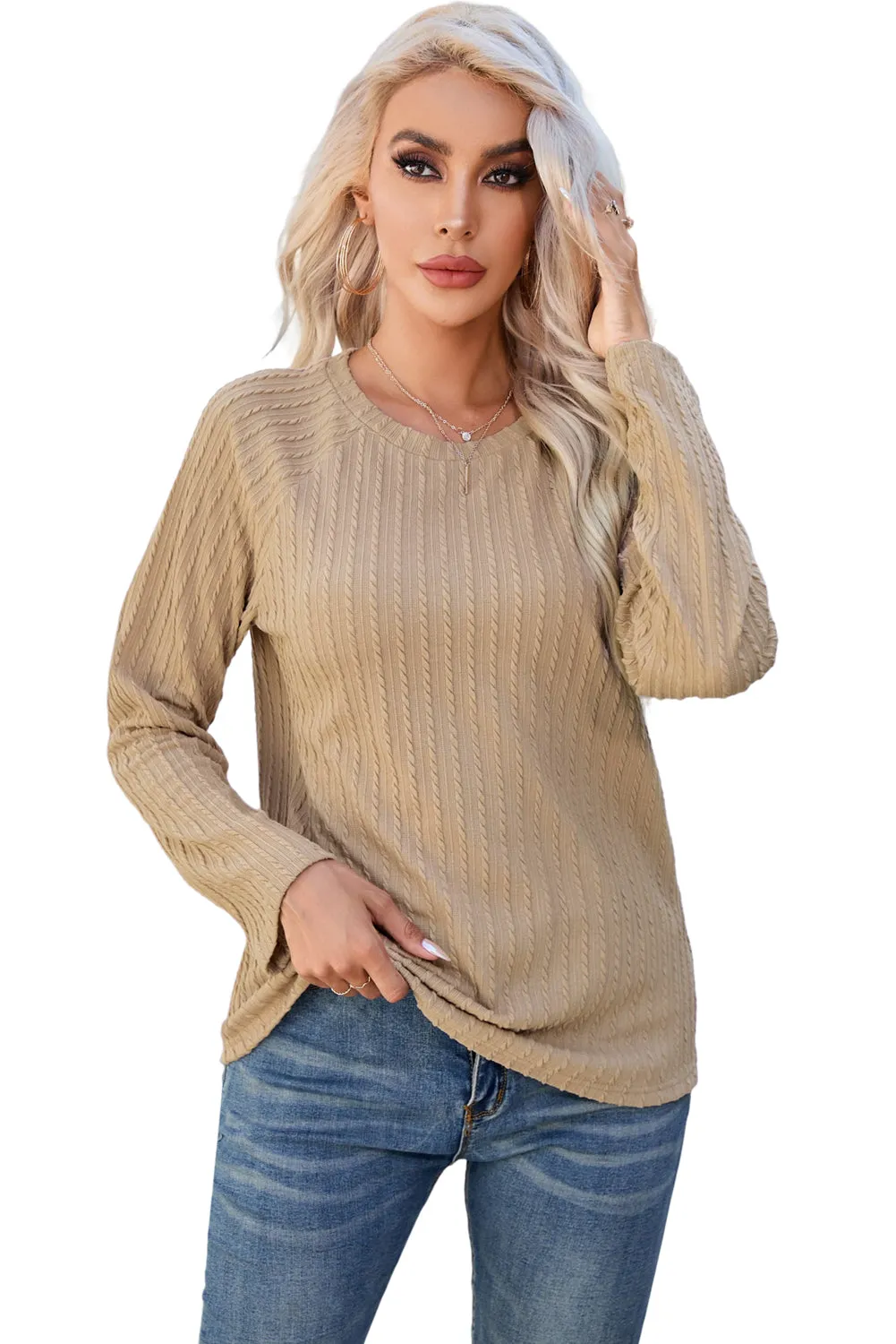 Women's Ribbed Round Neck Knit Long Sleeve Top