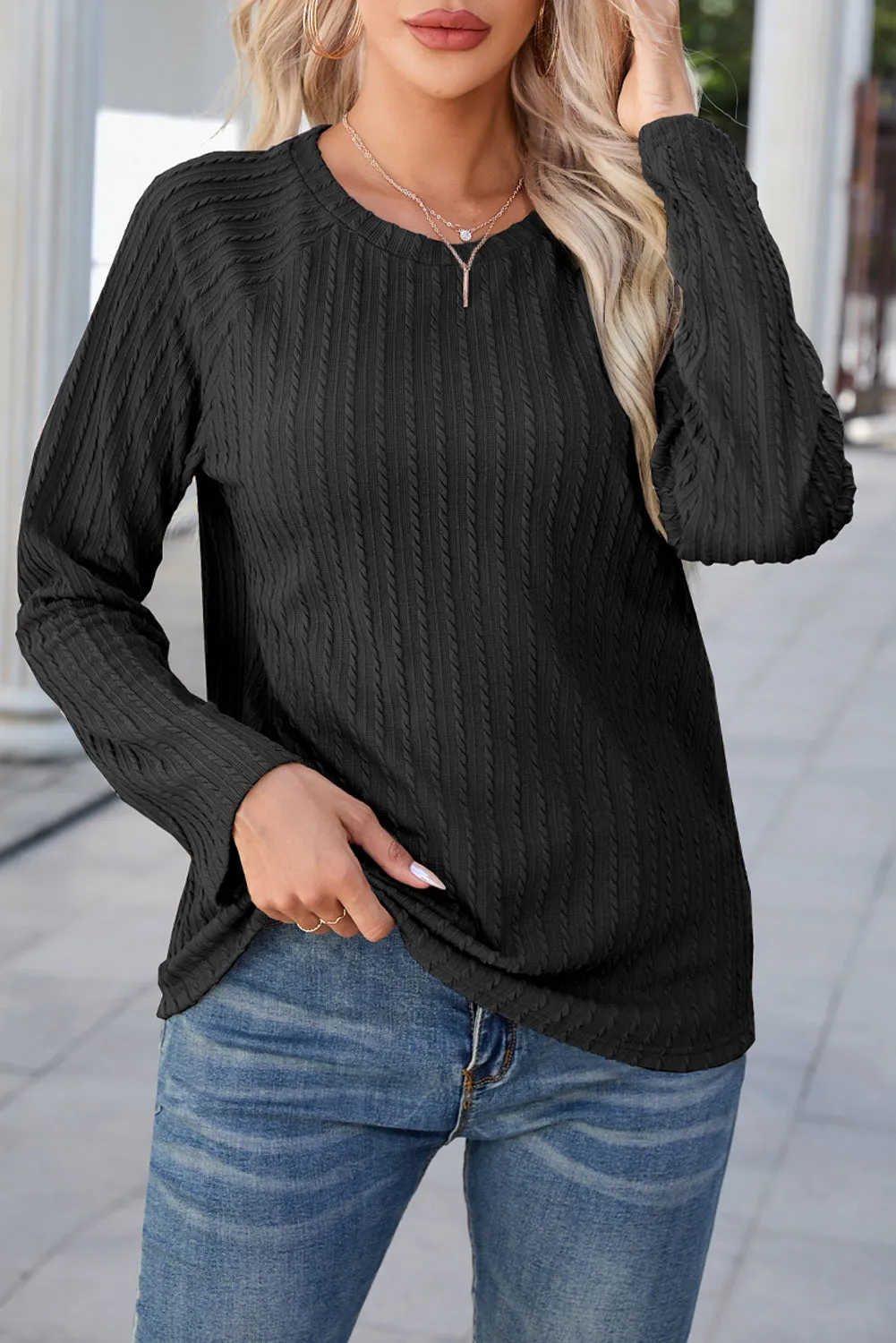 Women's Ribbed Round Neck Knit Long Sleeve Top