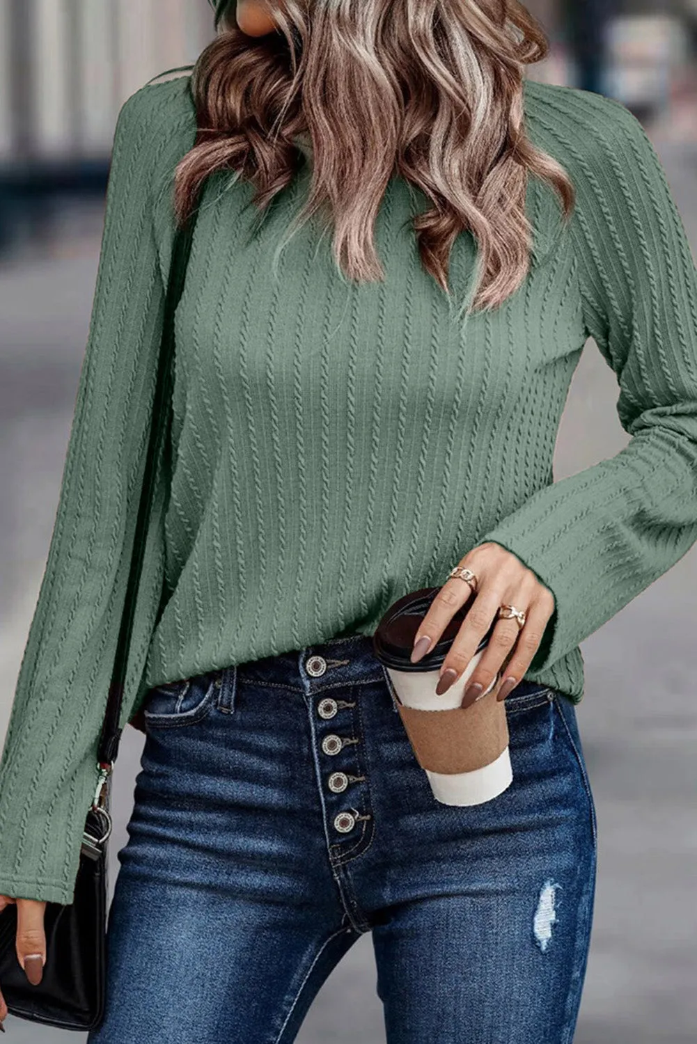 Women's Ribbed Round Neck Knit Long Sleeve Top