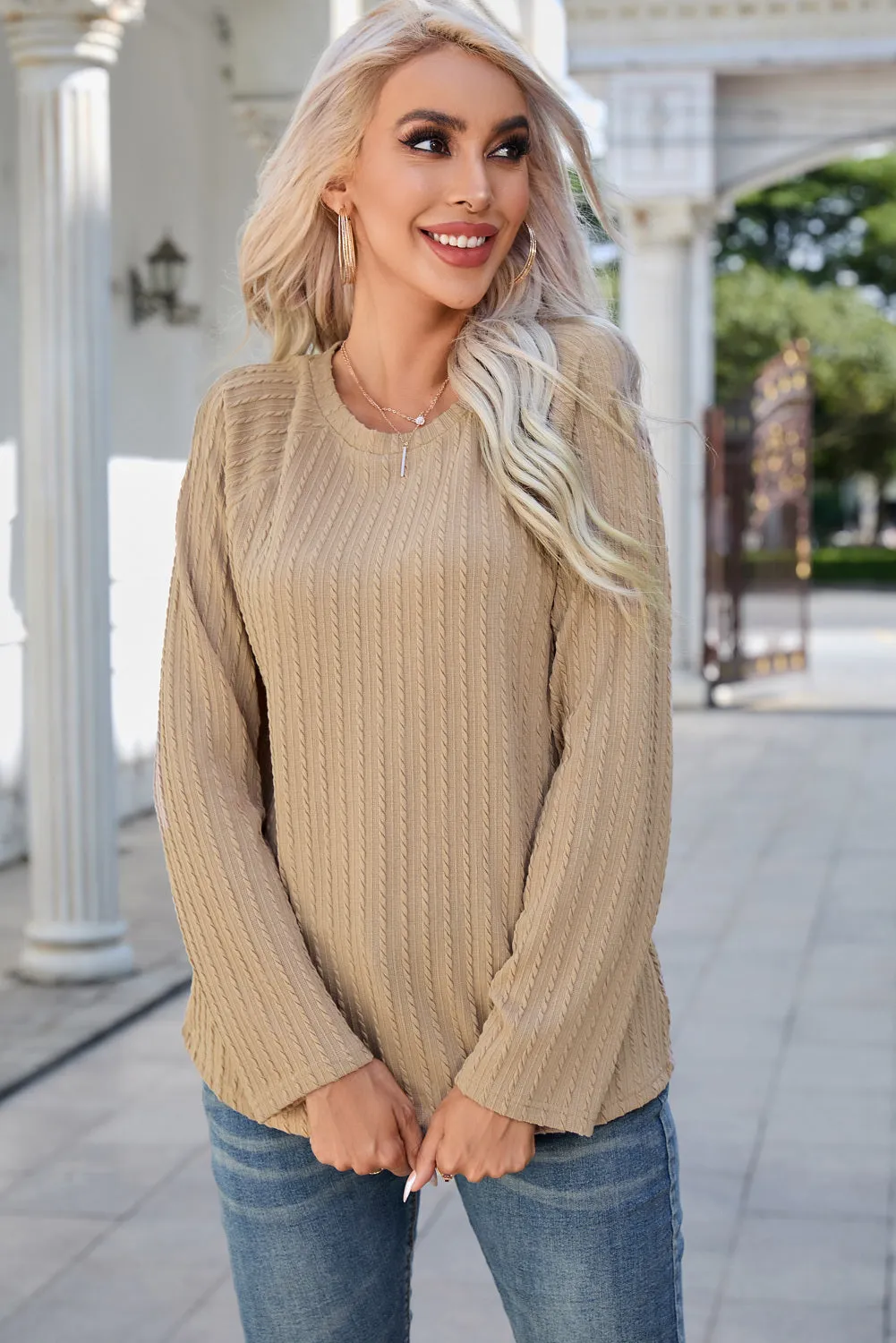 Women's Ribbed Round Neck Knit Long Sleeve Top