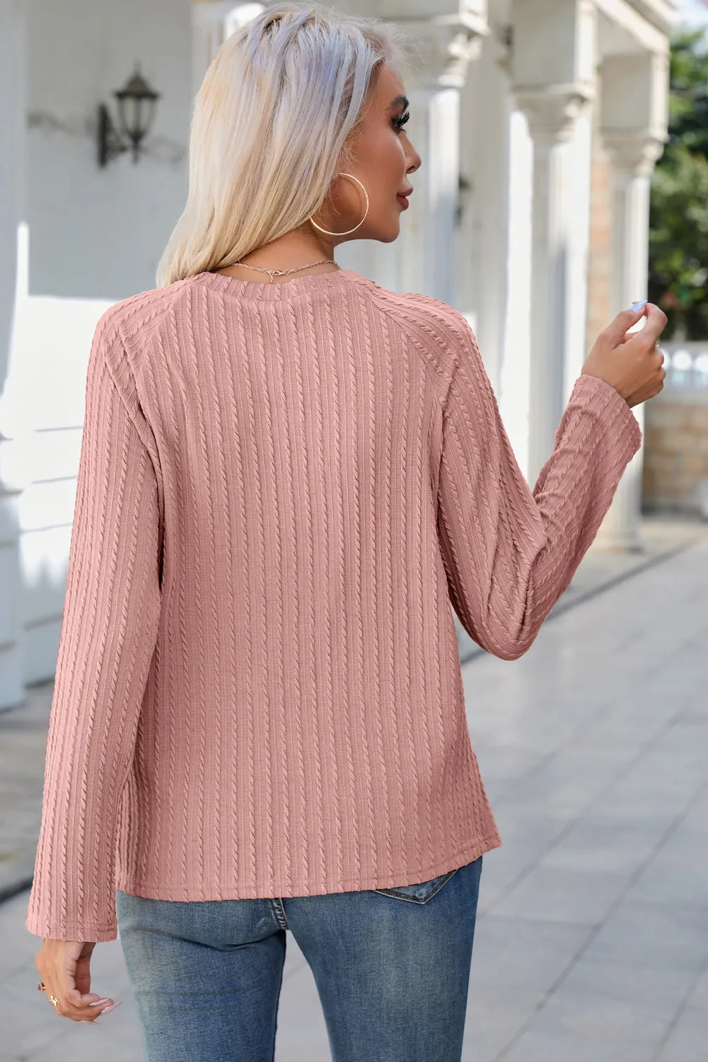 Women's Ribbed Round Neck Knit Long Sleeve Top