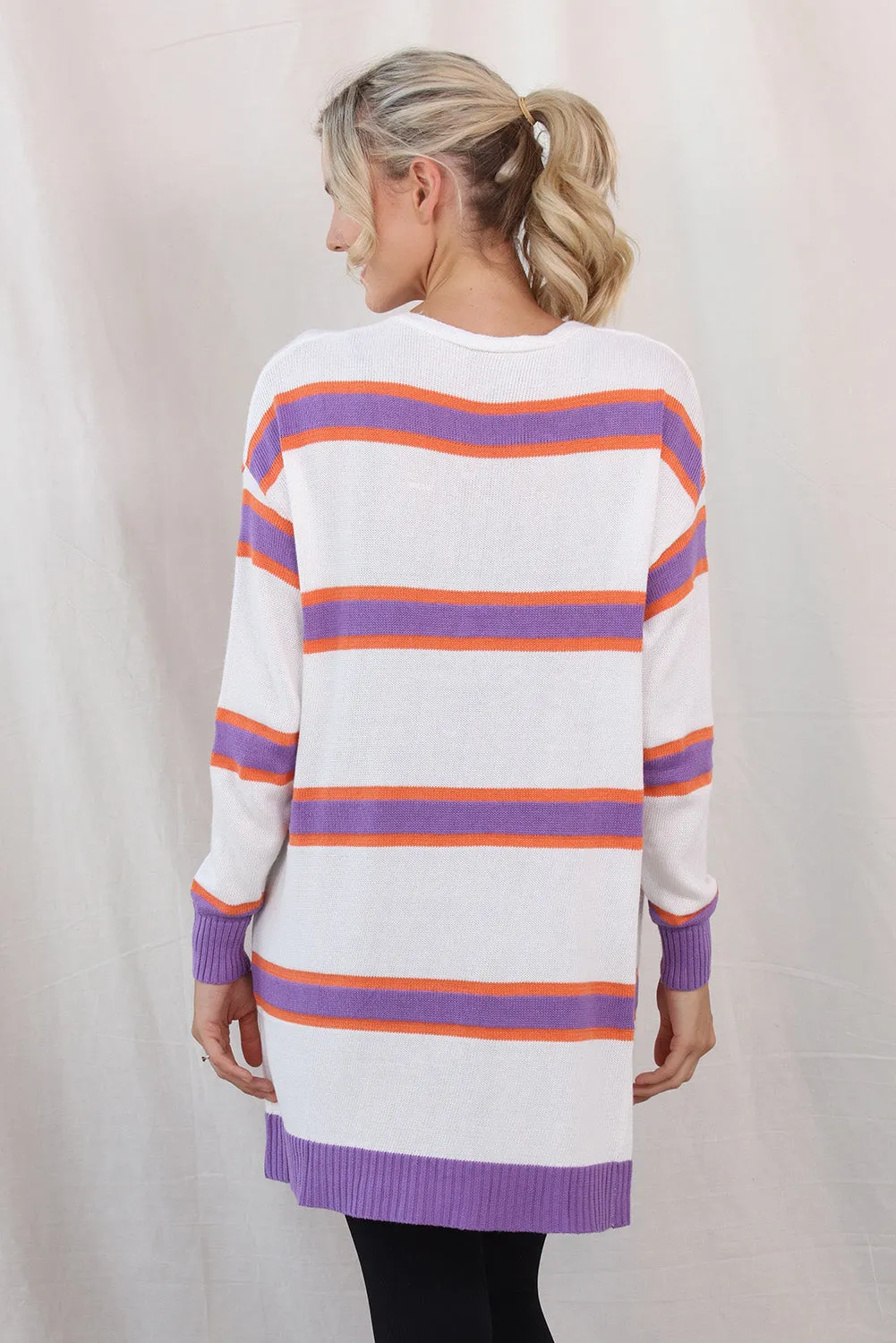 Women's Striped Long Sleeve Open Front Ribbed Trim Cardigan