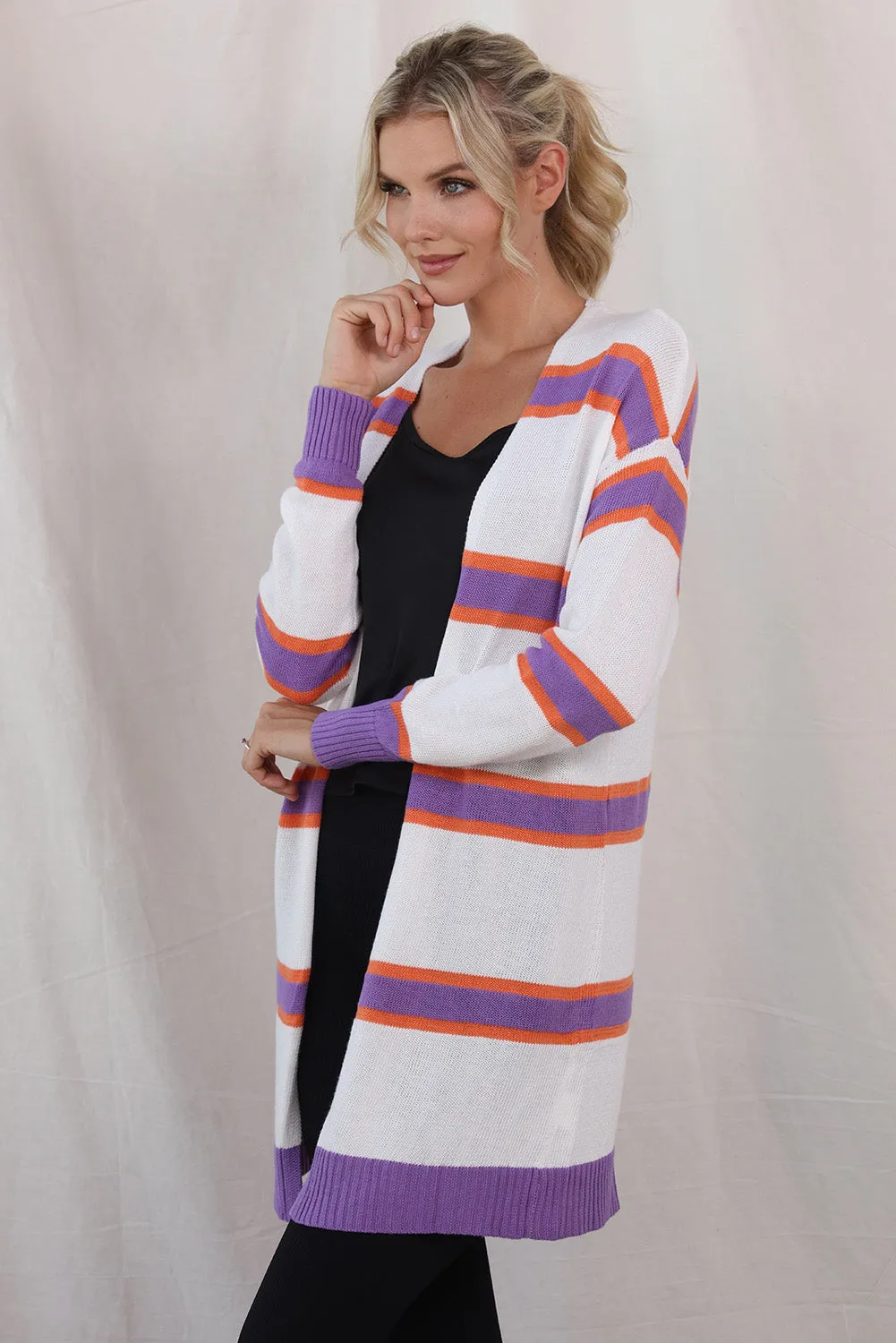 Women's Striped Long Sleeve Open Front Ribbed Trim Cardigan