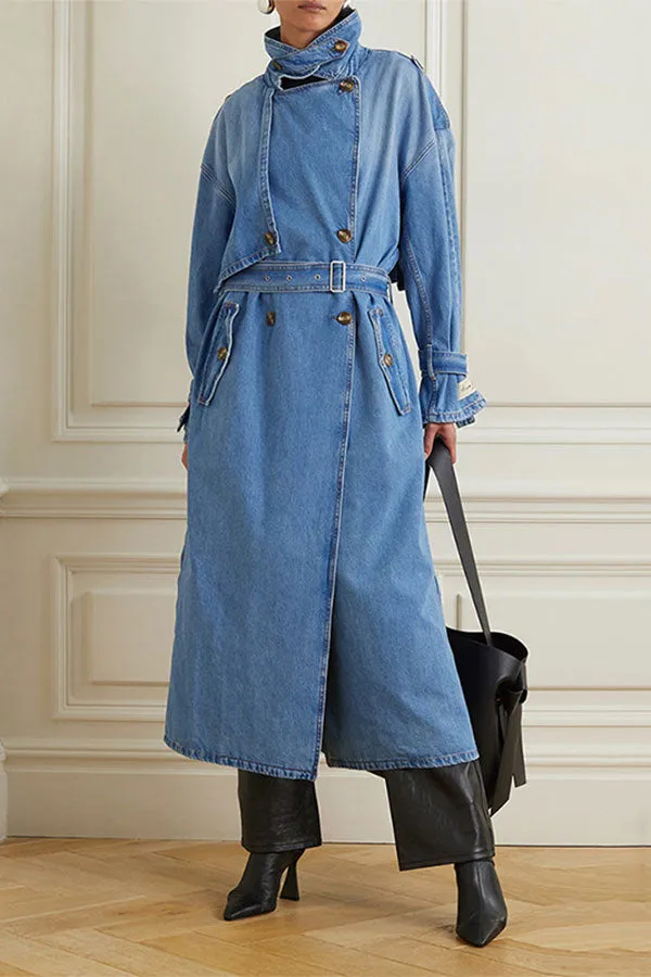 xiangtuibao Washed Gradient Denim Feminine Belted Trench Coat